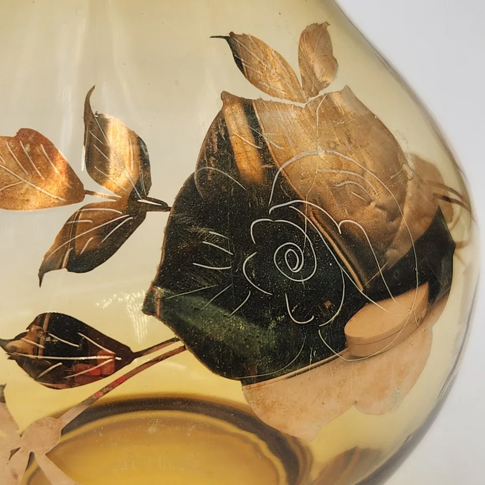 Vintage Moser MCM Limited Edition Amber Glass Decanter Gold Overlay Rose Floral‎
